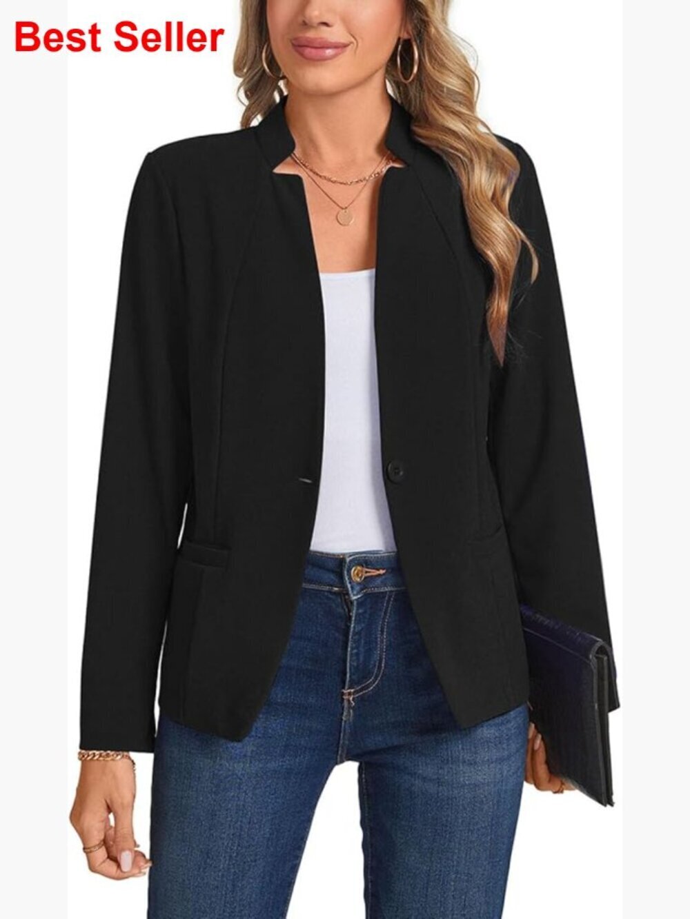 Lightweight Polyester Spandex Blazer Long Sleeve Button Front Pockets